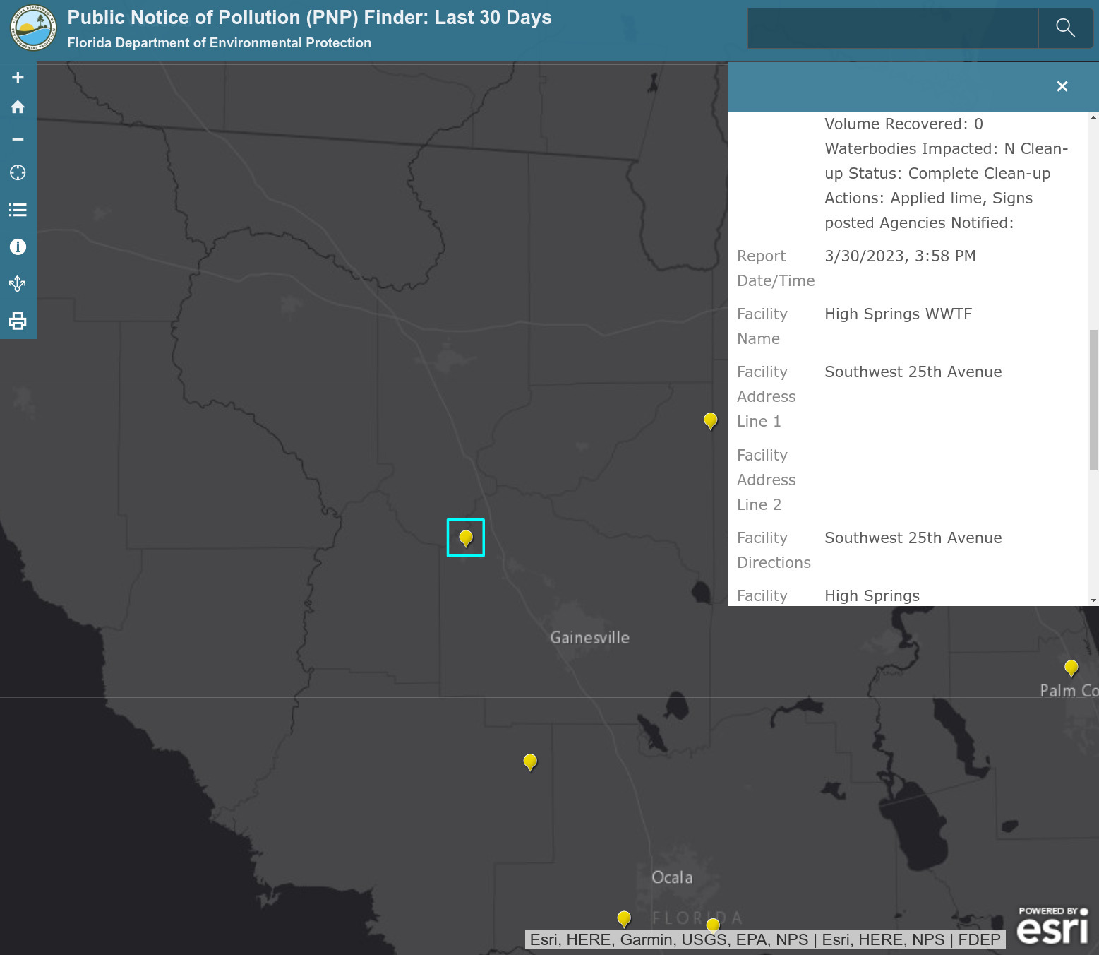 Map: FDEP PNP, High Springs 50-gallon spill, 2023-03-30