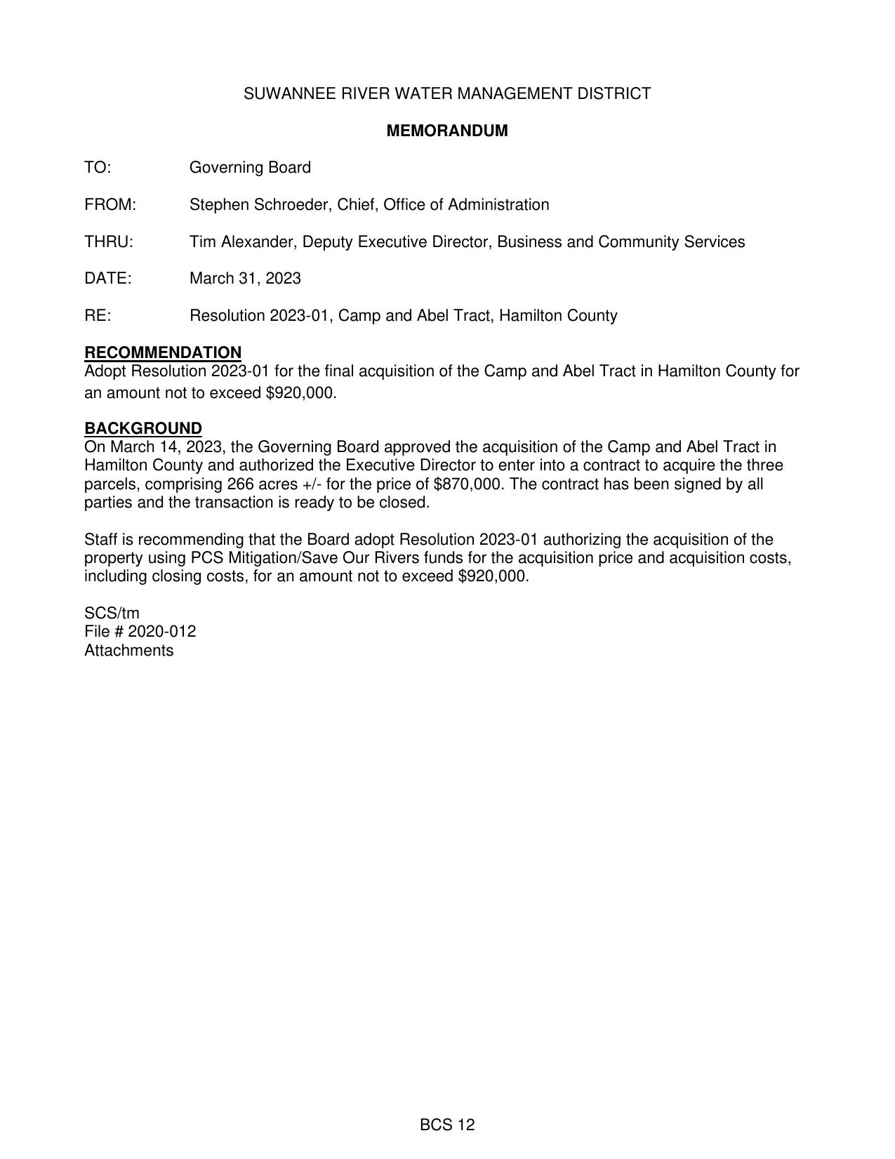 RE: Resolution 2023-01, Camp and Abel Tract, Hamilton County