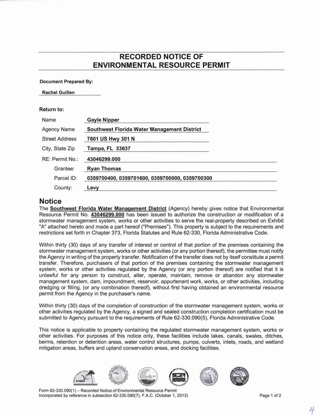 RECORDED NOTICE OF ENVIRONMENTAL RESOURCE PERMIT 43046299.000