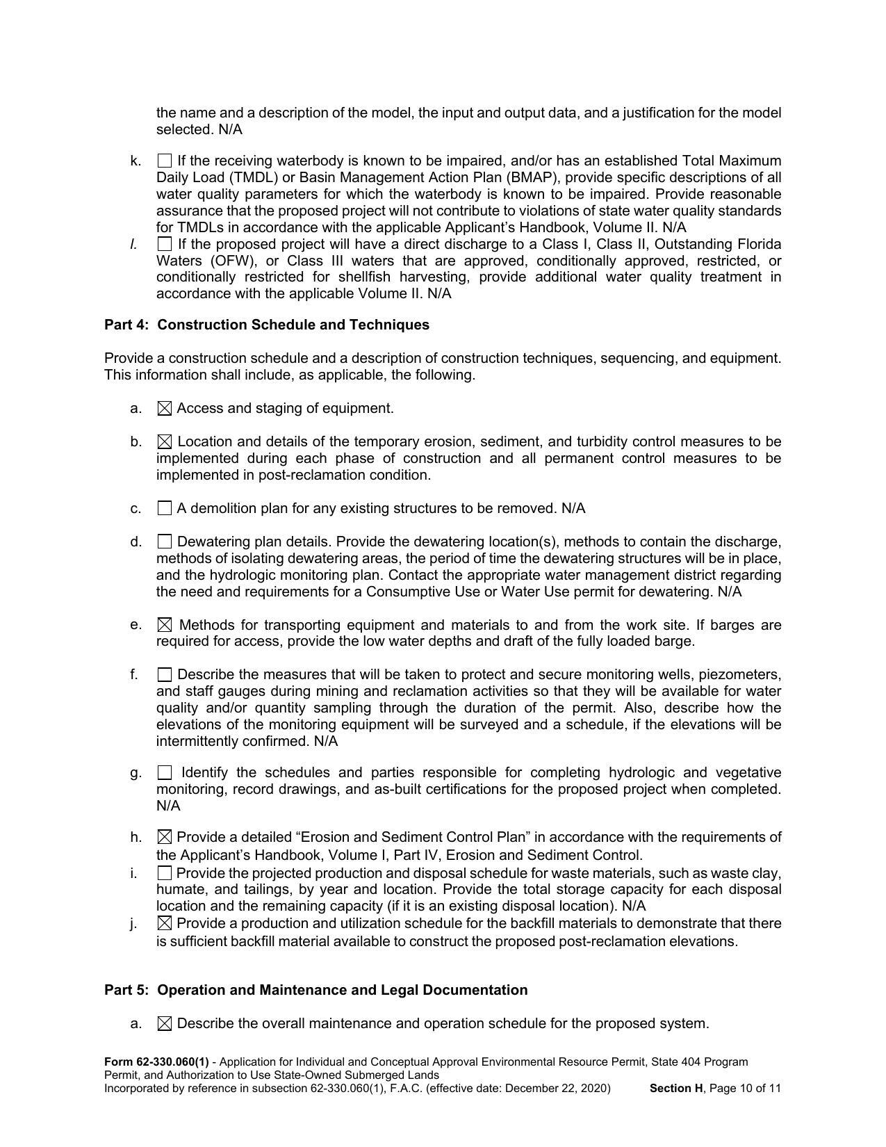 Part 4: Construction Schedule and Techniques; Part 5: Operation and Maintenance and Legal Documentation