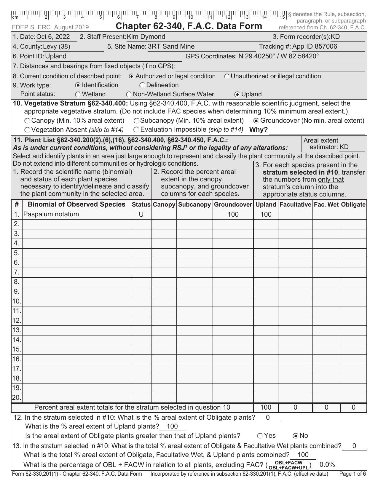 Chapter 62-340, F.A.C. Data Form; observed Paspalum notatum (bahiagrass)