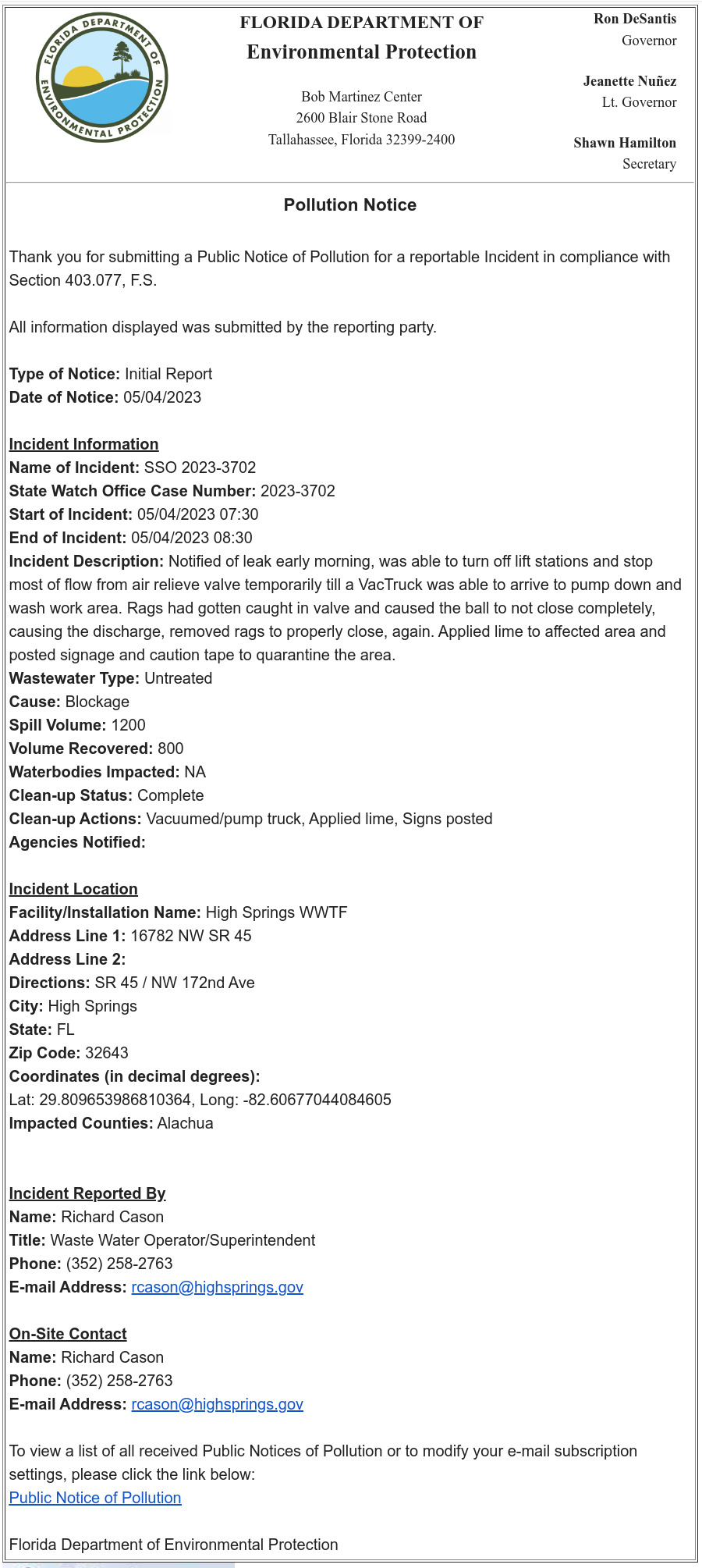 FDEP Public Notice of High Springs Spill, 2023-05-04