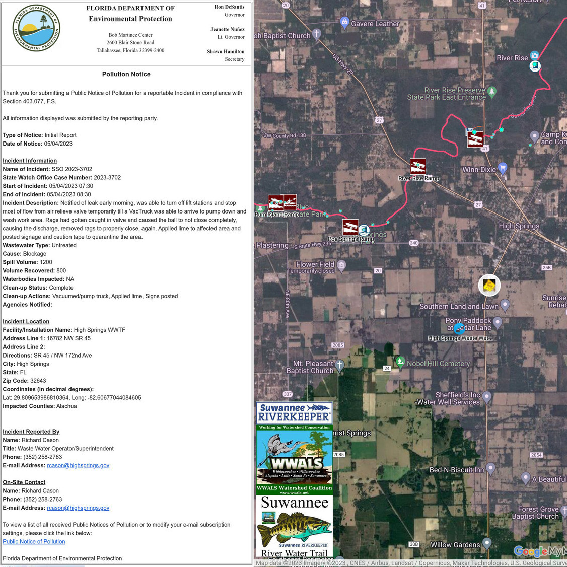 Public Notice and Map of High Springs Plaza Sewage Spill 2023-05-04