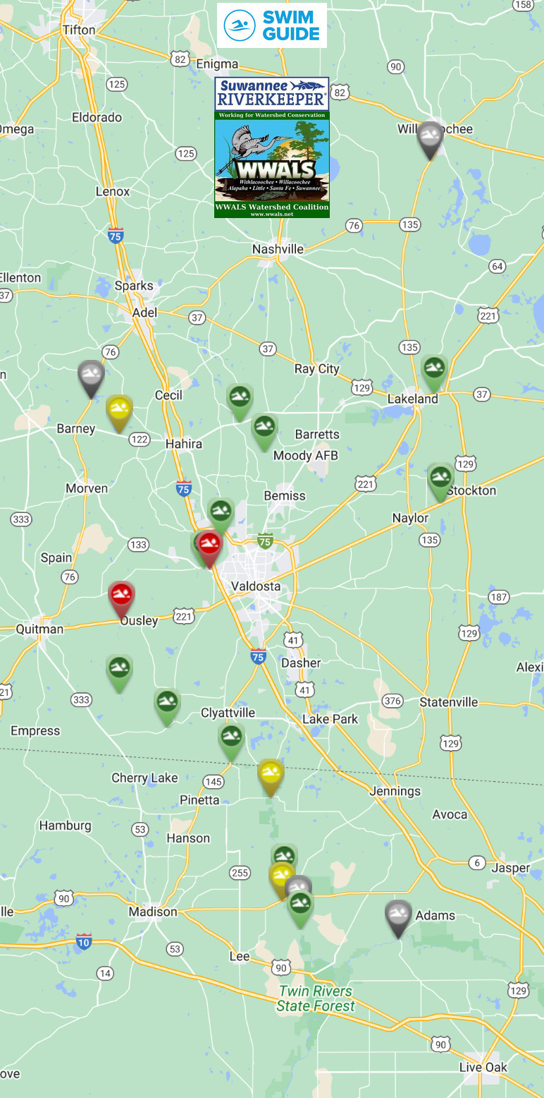 Map: clean Withlacoochee River, Swim Guide 2023-05-04