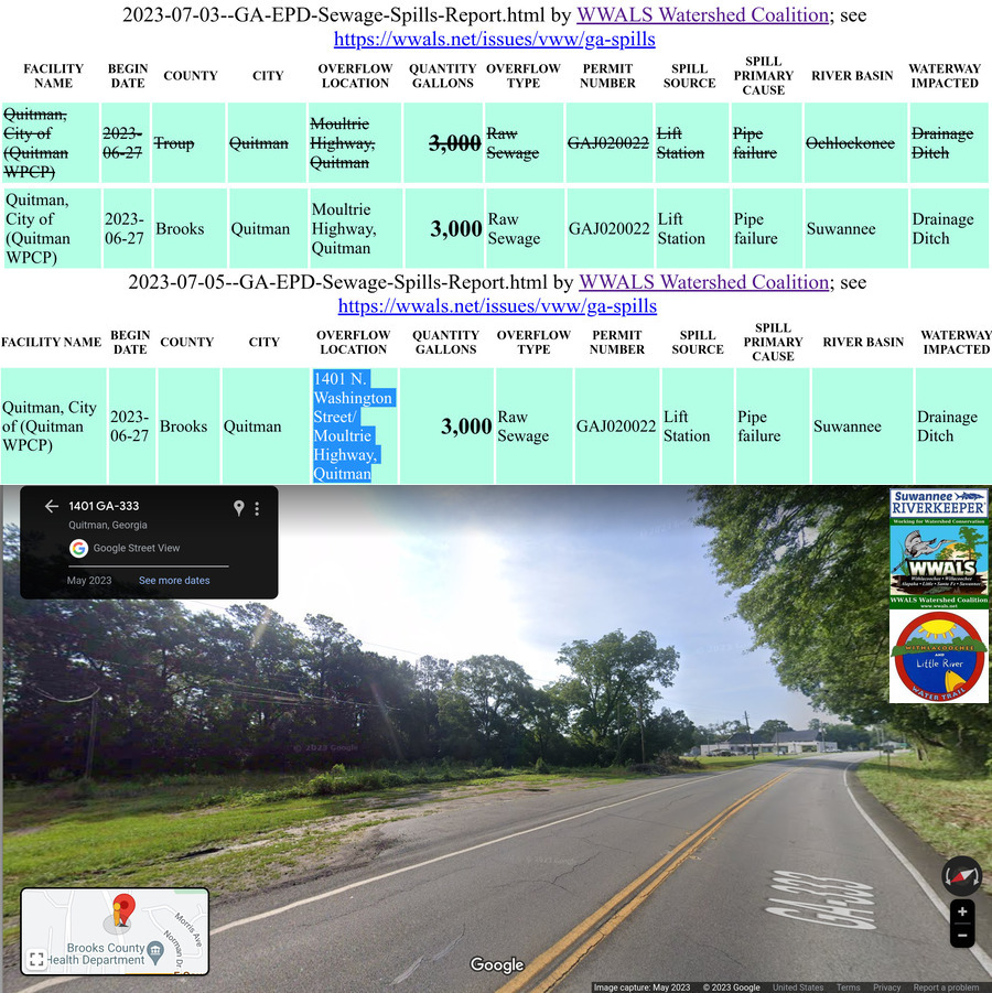 GA-EPD Sewage Spills Report, Google Streetview, 1401 GA-333, Quitman, GA