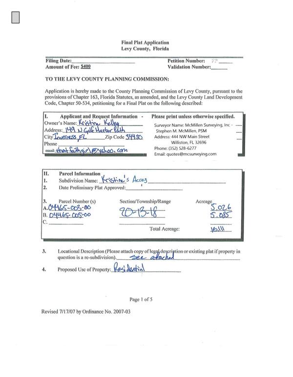 [PETITION NO. FP 23-03: McMillen Surveying, representing Kristine Kelley of Kristine’s Acres, petitioning the Commission for a Final Plat to correct the incorrect division of land]