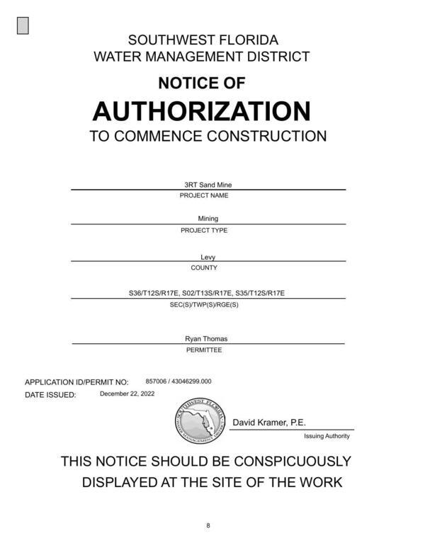 [NOTICE OF AUTHORIZATION TO COMMENCE CONSTRUCTION]