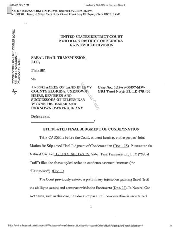 [Sabal Trail Easement Stipulated Final Judgment of Condemnation, Eileen Kay Wynne]