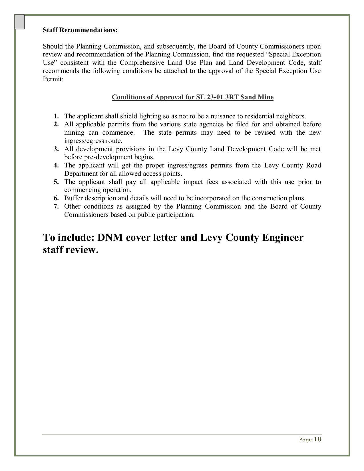 Conditions of Approval for SE 23-01 3RT Sand Mine