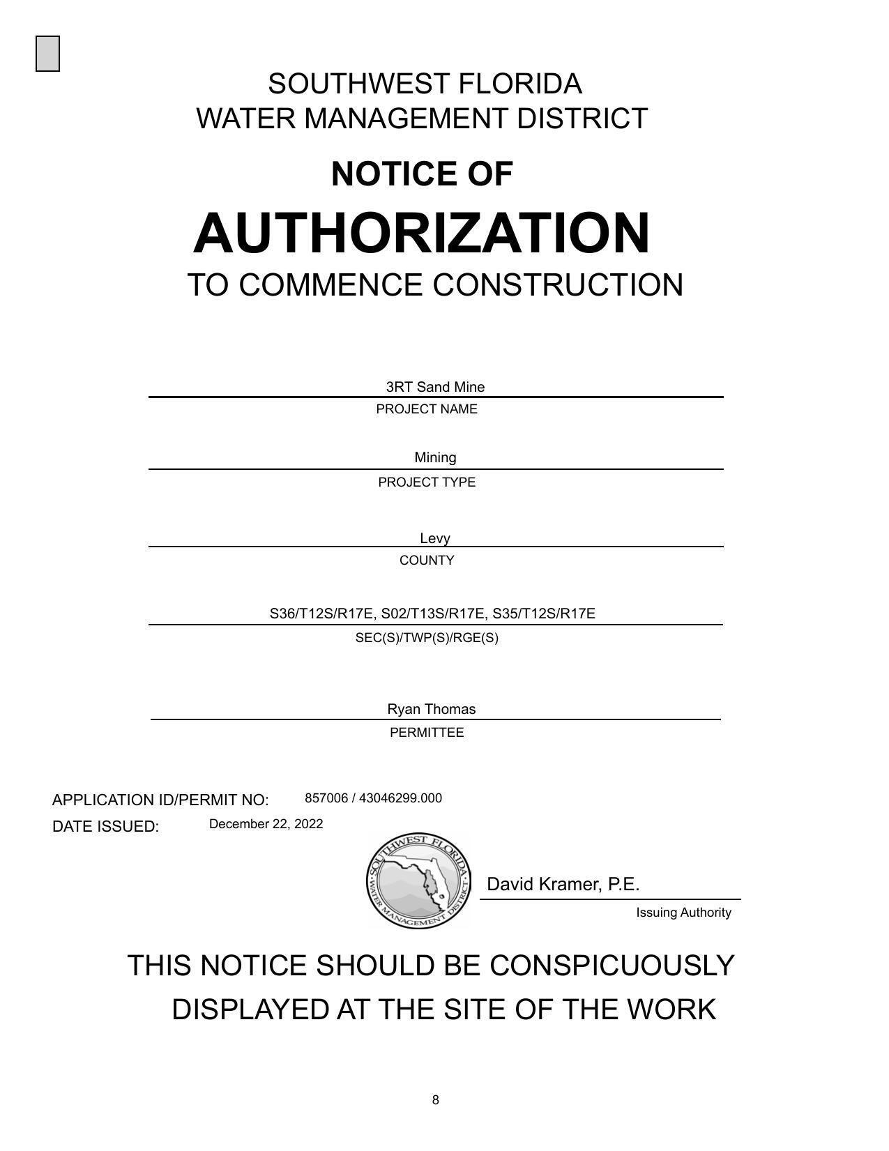 NOTICE OF AUTHORIZATION TO COMMENCE CONSTRUCTION