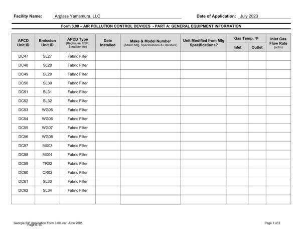 Form 3.00 – AIR POLLUTION CONTROL DEVICES - PART A: GENERAL EQUIPMENT INFORMATION