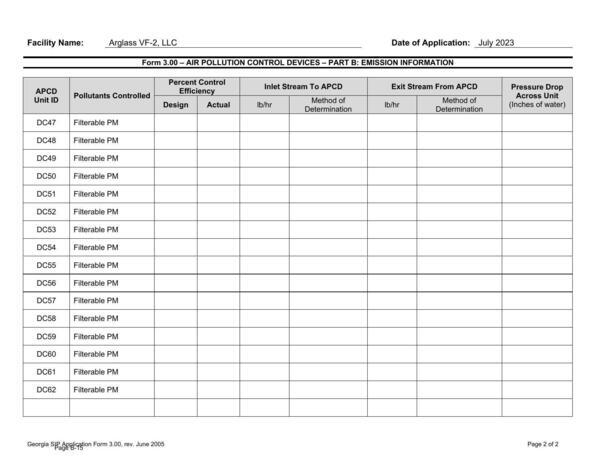 Form 3.00 – AIR POLLUTION CONTROL DEVICES – PART B: EMISSION INFORMATION