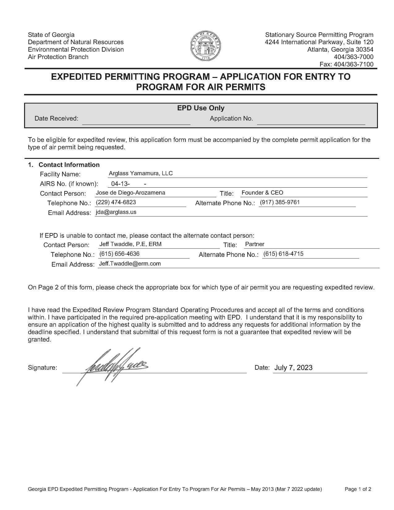 EXPEDITED PERMITTING PROGRAM – APPLICATION FOR ENTRY TO PROGRAM FOR AIR PERMITS