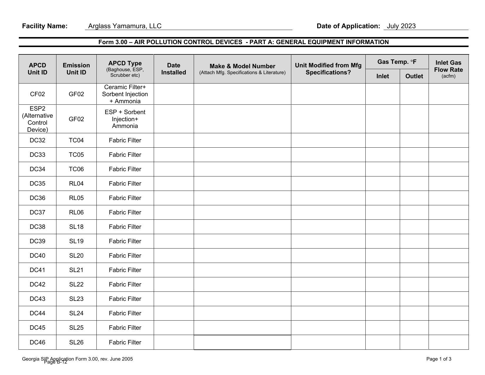 Form 3.00 – AIR POLLUTION CONTROL DEVICES - PART A: GENERAL EQUIPMENT INFORMATION