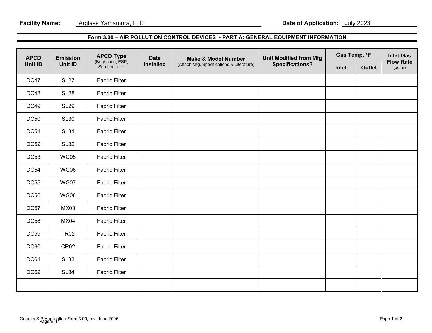 Form 3.00 – AIR POLLUTION CONTROL DEVICES - PART A: GENERAL EQUIPMENT INFORMATION