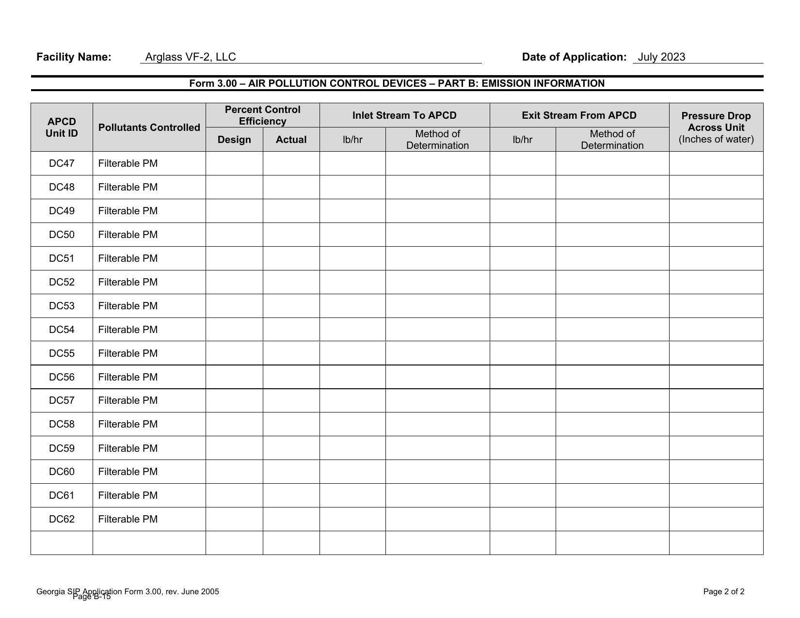 Form 3.00 – AIR POLLUTION CONTROL DEVICES – PART B: EMISSION INFORMATION