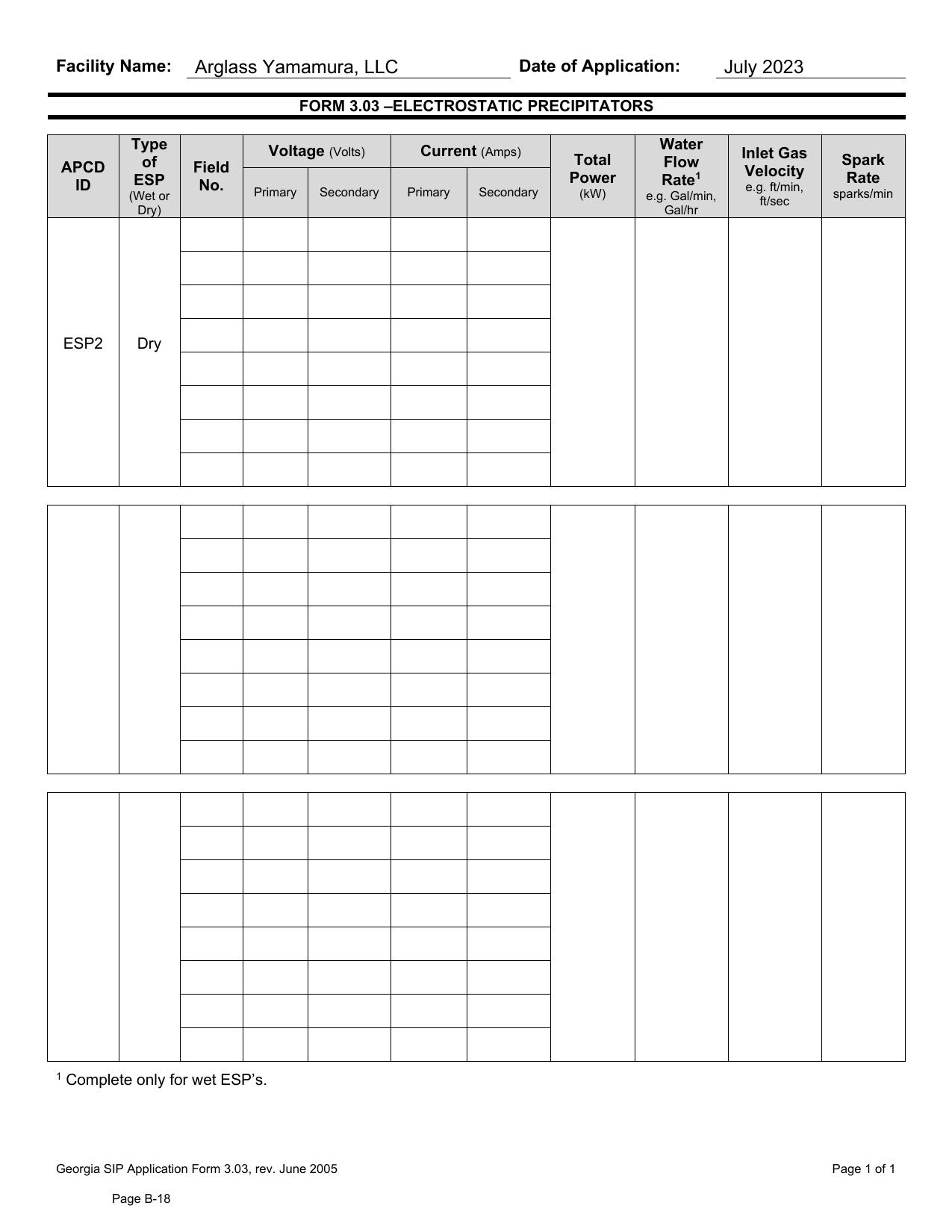 FORM 3.03 -ELECTROSTATIC PRECIPITATORS