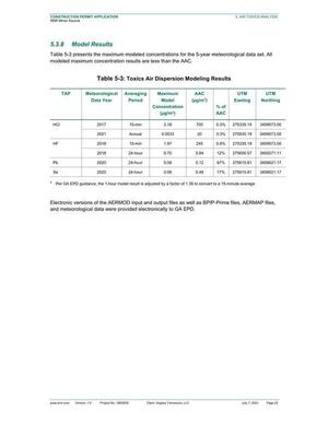 [Table 5-3: Toxics Air Dispersion Modeling Results]