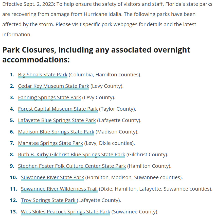 Florida State Parks Closed 2023-09-02