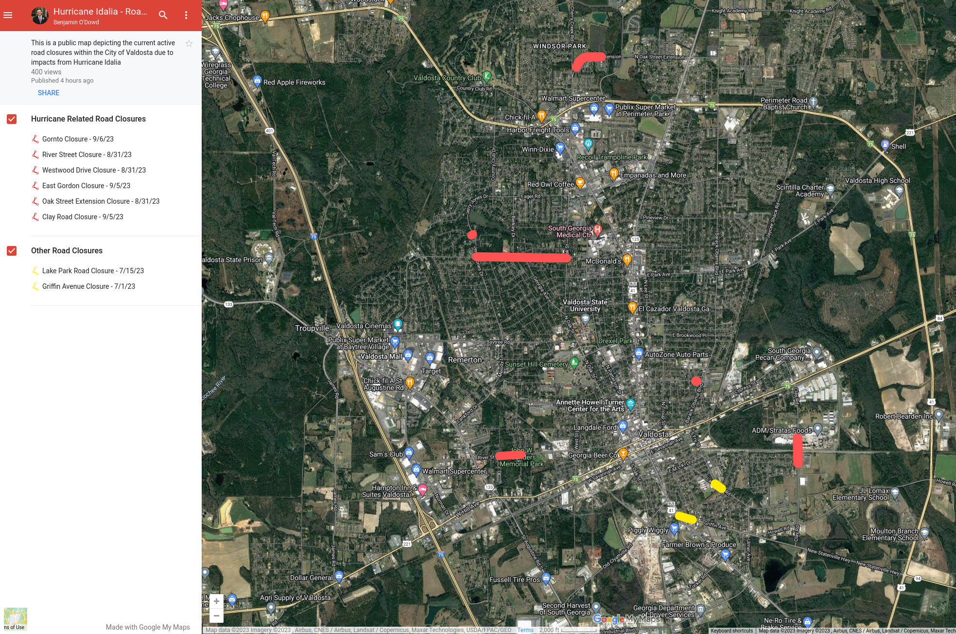 Valdosta road closures 2023-09-06