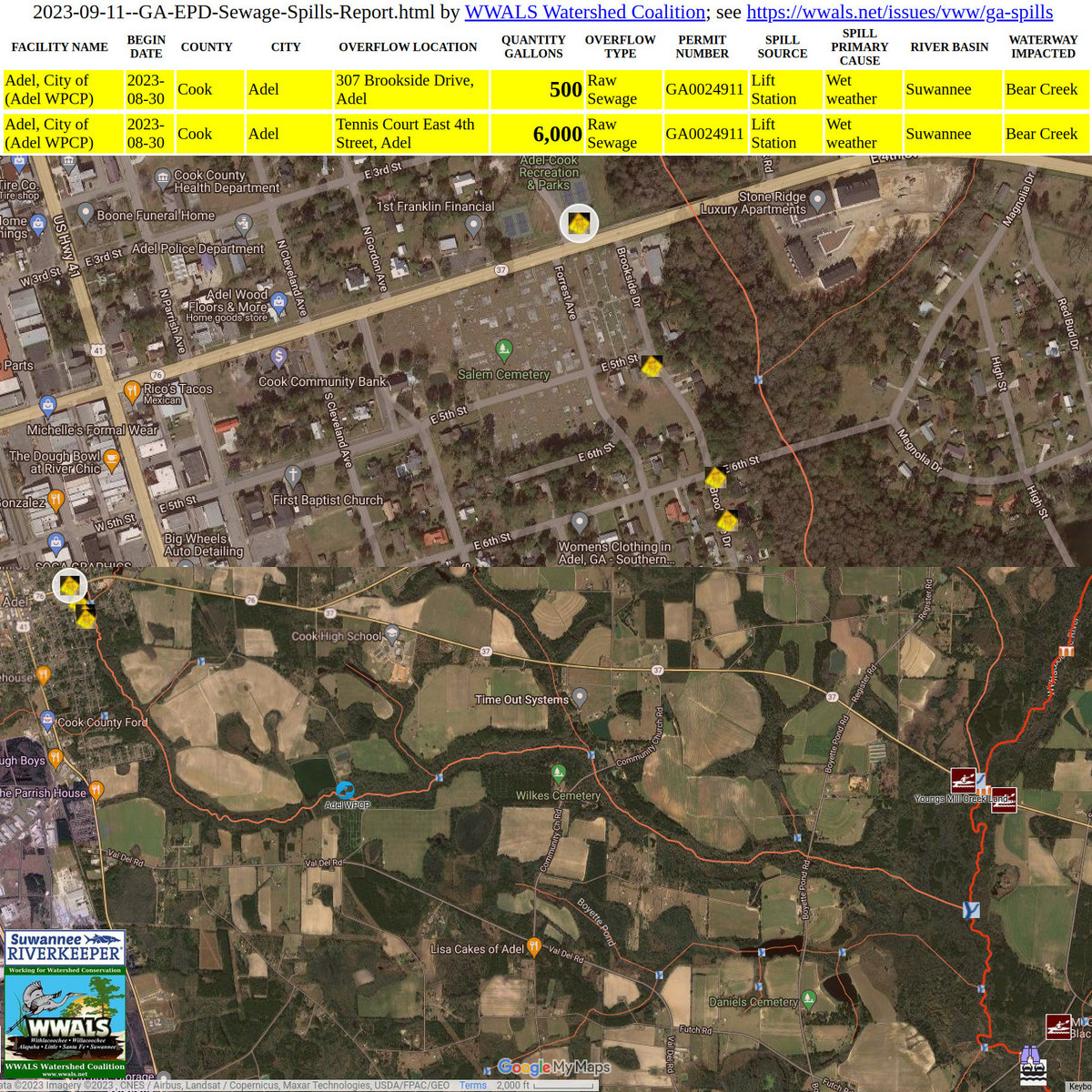 Adel Spills in GA-EPD Sewer Spills Report, and on WLRWT Map