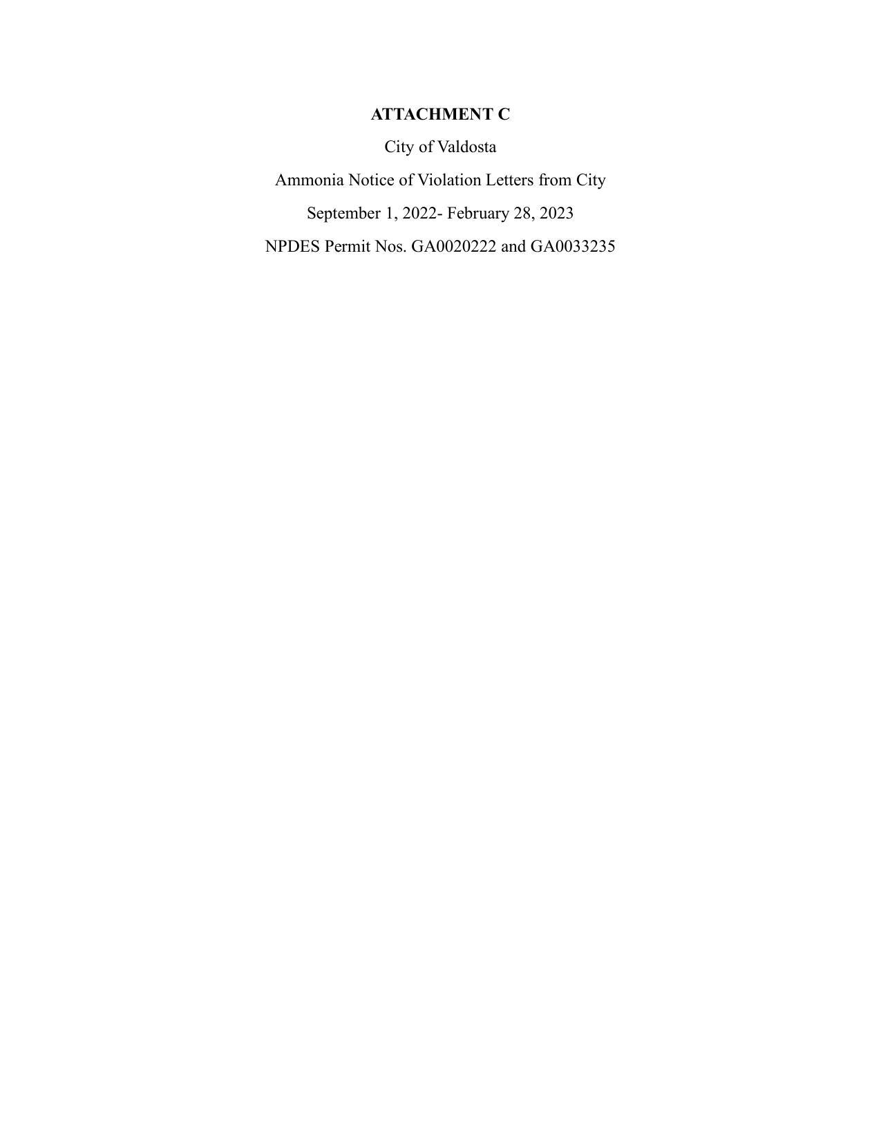 ATTACHMENT C: Ammonia Notice of Violation Letters from City, September 1, 2022- February 28, 2023