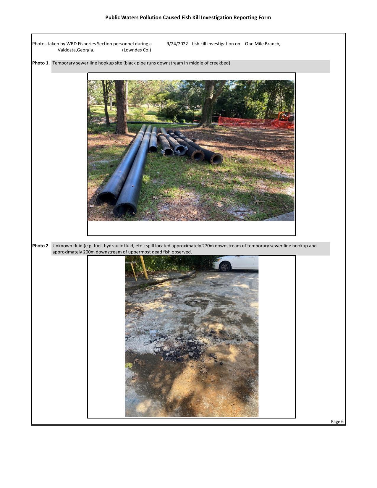 Photo 1. Temporary sewer line hookup site; Photo 2. Unknown fluid (e.g. fuel, hydraulic fluid, etc.) spill located approximately 270m downstream of temporary sewer line hookup and approximately 200m downstream of uppermost dead fish observed.