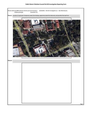 [Photo 5. Location of upstream Temporary sewer line hookup; uppermost dead fish observed; and possible fluid spill site]