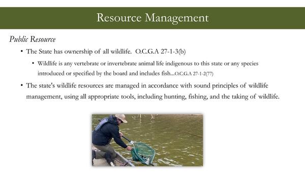 Resource Management, The State has ownership of all wildlife. O.C.G.A 27-1-3(b)