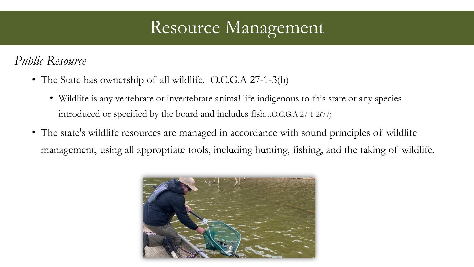 Resource Management, The State has ownership of all wildlife. O.C.G.A 27-1-3(b)