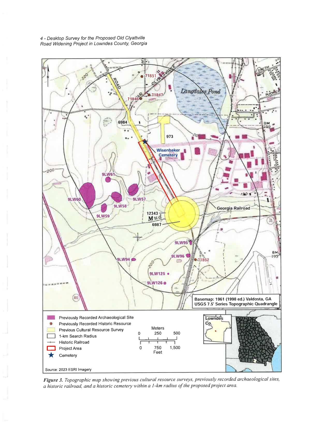 Figure 3. Topographic map showing previous cultural resource surveys, previously recorded archaeological sites, a historic railroad, and a historic cemetery within a 1-km radius of the proposed project area.