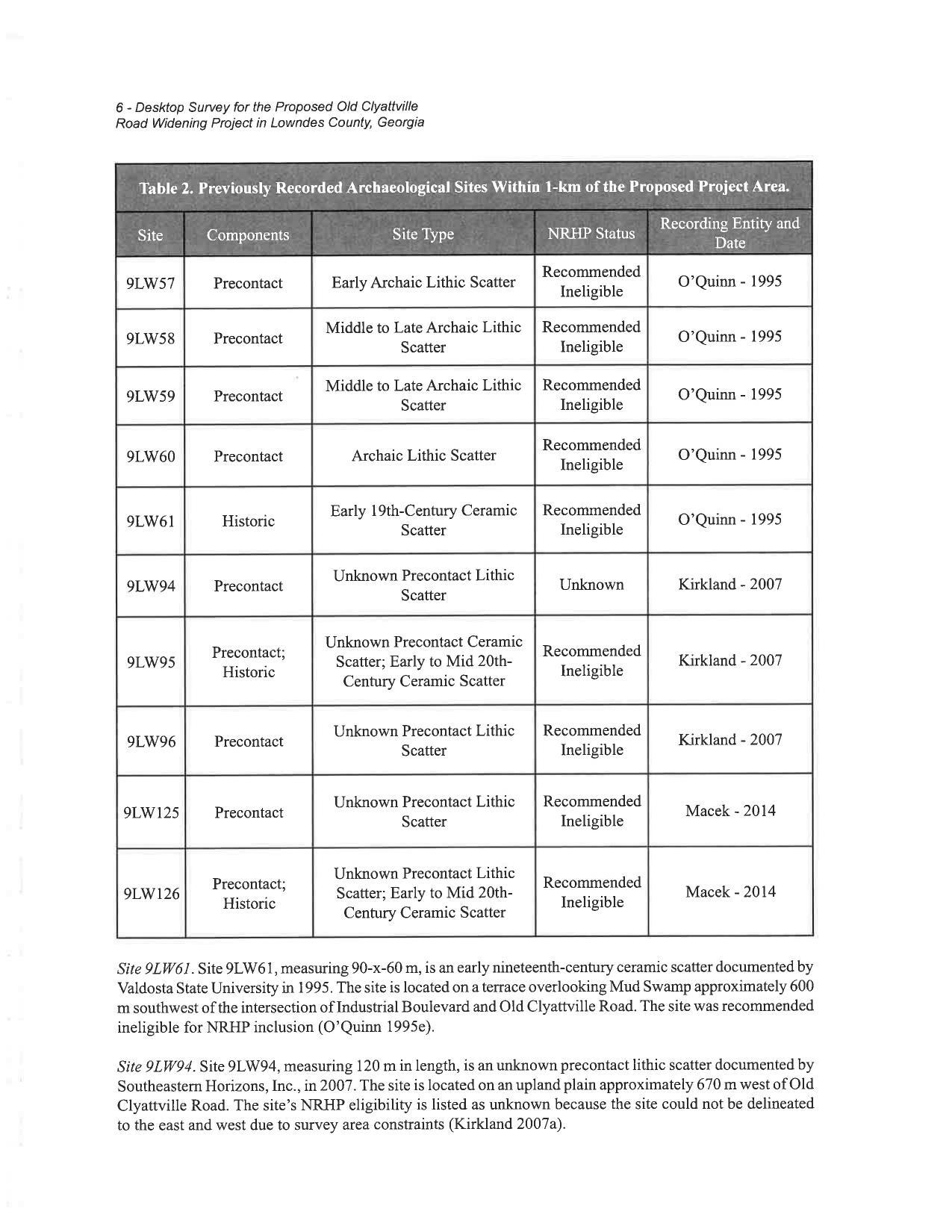 Table 2. Previously Recorded Archaeological Sites Within 1-km of the Proposed Project Area.