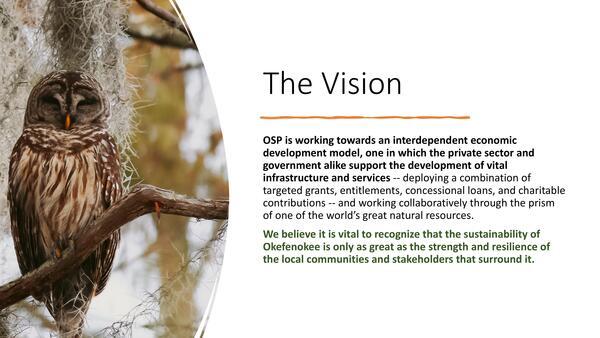 The Vision OSP ...an interdependent economic development model ... working collaboratively through the prism of one of the world’s great natural resources. We believe it is vital to recognize that the sustainability of Okefenokee is only as great as the strength and resilience of the local communities and stakeholders that surround it.