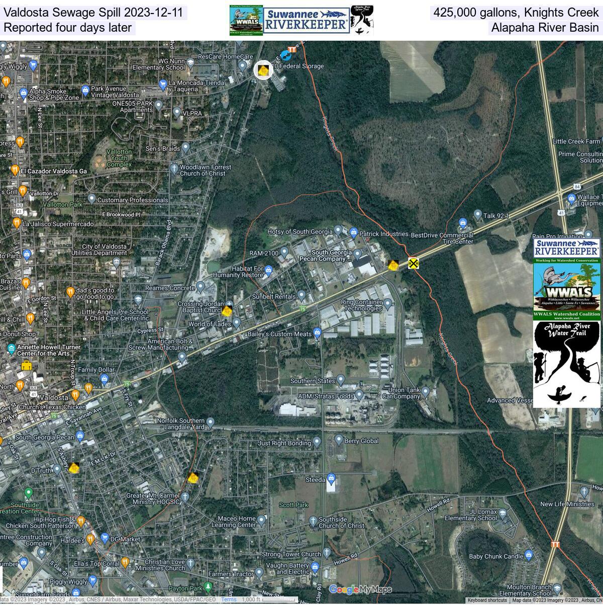 Spills into Knights Creek, Alapaha River Basin, and One Mile Branch, Withlacoochee River Basin