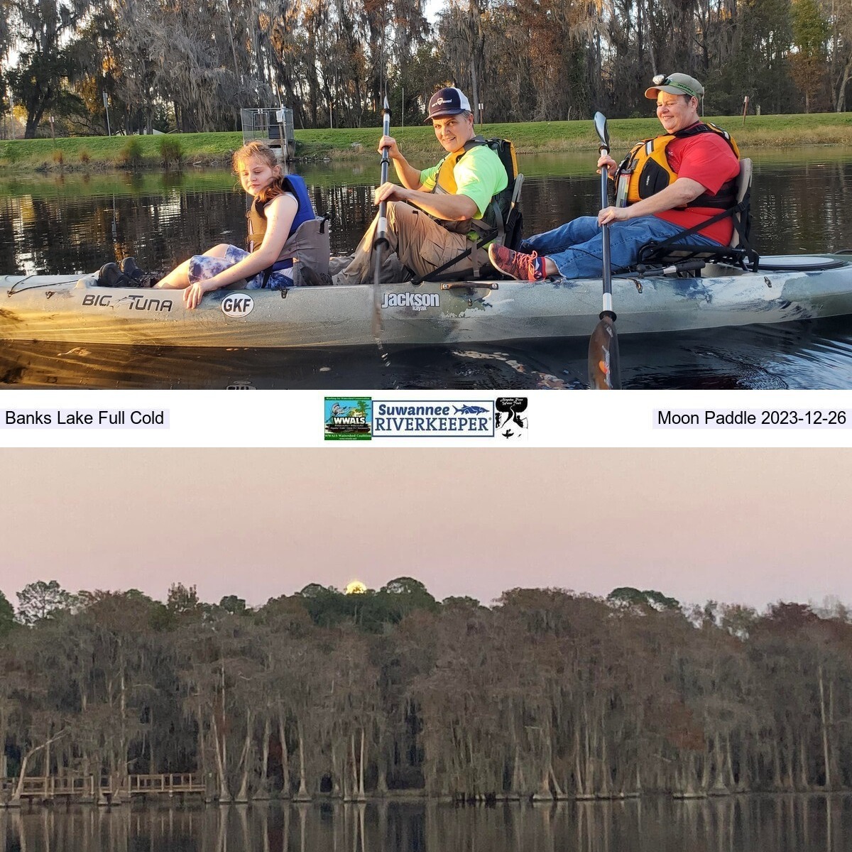 IG: igmany.html Holly Jones and family in raffle kayak they won in 2022, full cold moon rising 2022-12-07