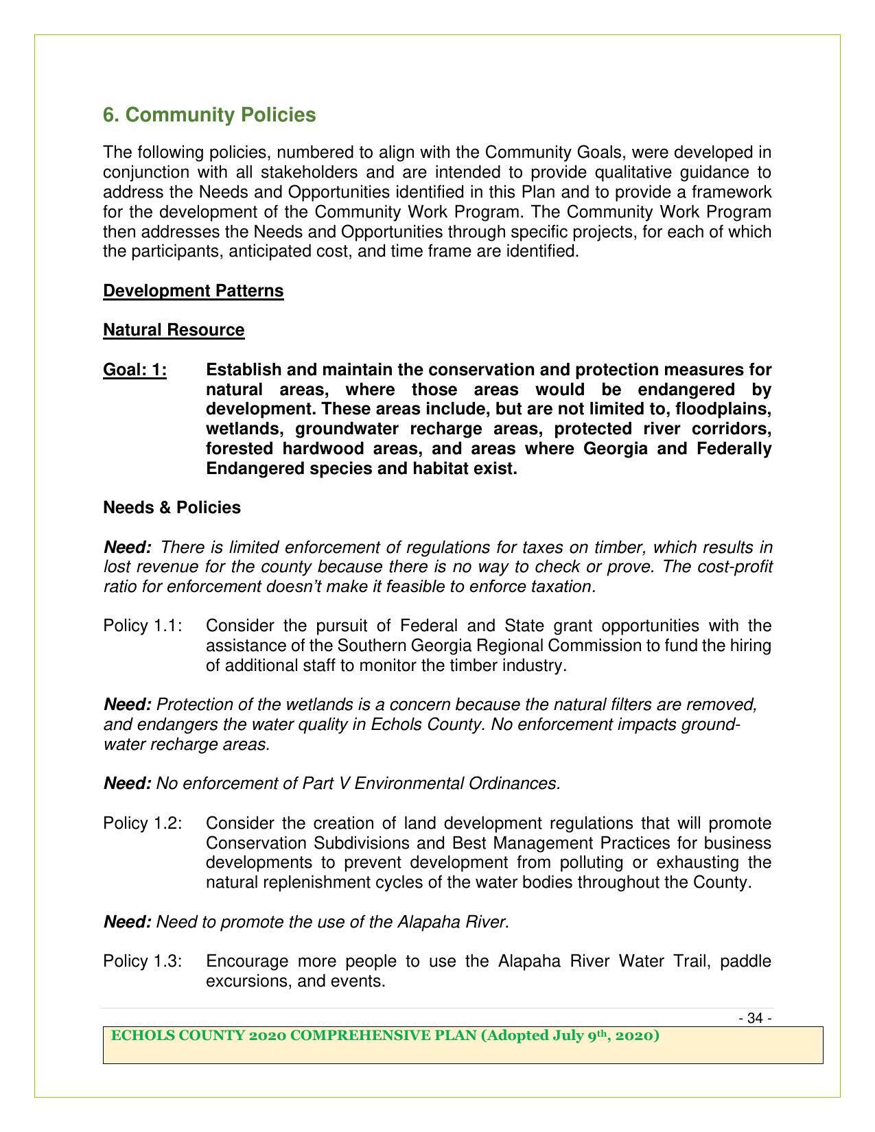 Page 34, Goal: 1: Establish and maintain the conservation and protection measures for natural areas...; Policy 1.3: Encourage more people to use the Alapaha River Water Trail, paddle excursions, and events.