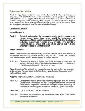 [Page 34, Goal: 1: Establish and maintain the conservation and protection measures for natural areas...; Policy 1.3: Encourage more people to use the Alapaha River Water Trail, paddle excursions, and events.]