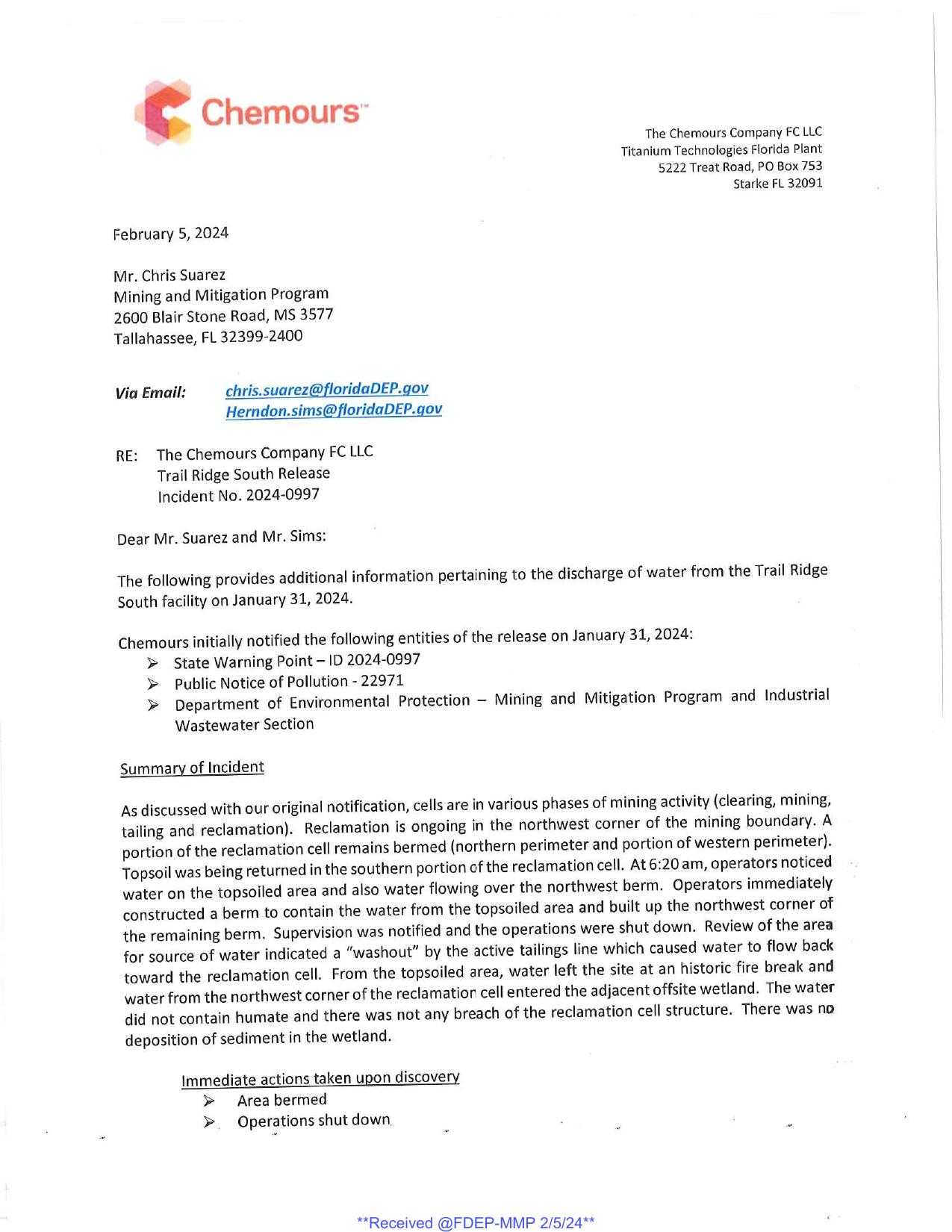 Trail Ridge South Release Incident No. 2024-0997
