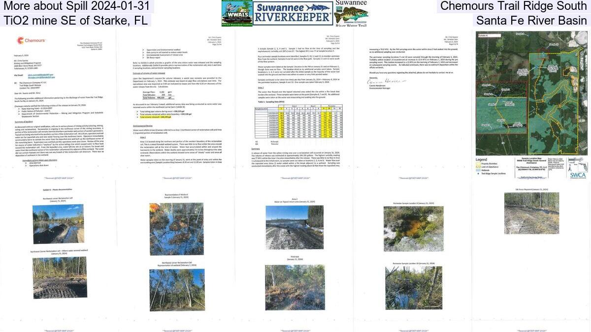 More about Spill 2024-01-31, Chemours Trail Ridge South, TiO2 mine SE of Starke, FL, Santa Fe River Basin