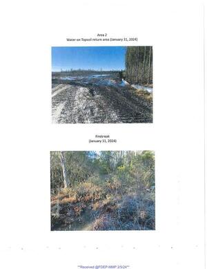 [Photos: Area 2: Water on Topsoil return area and Firebreak]