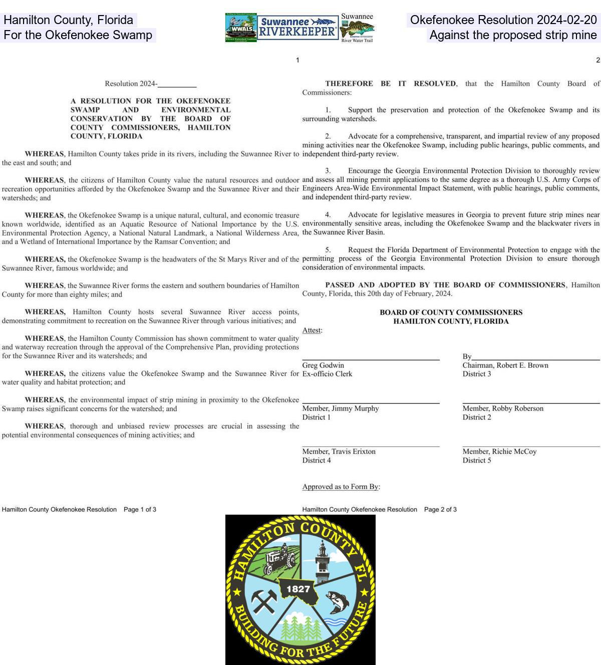 Hamilton County, Florida, resolution for the Okefenokee Swamp, against the strip mine 2024-02-20