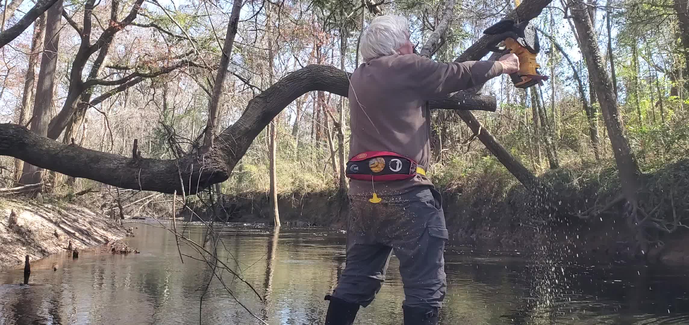 Movie: Standup boat chainsawing: don't try this at home, 30.8557031, -83.3293049 (48M)