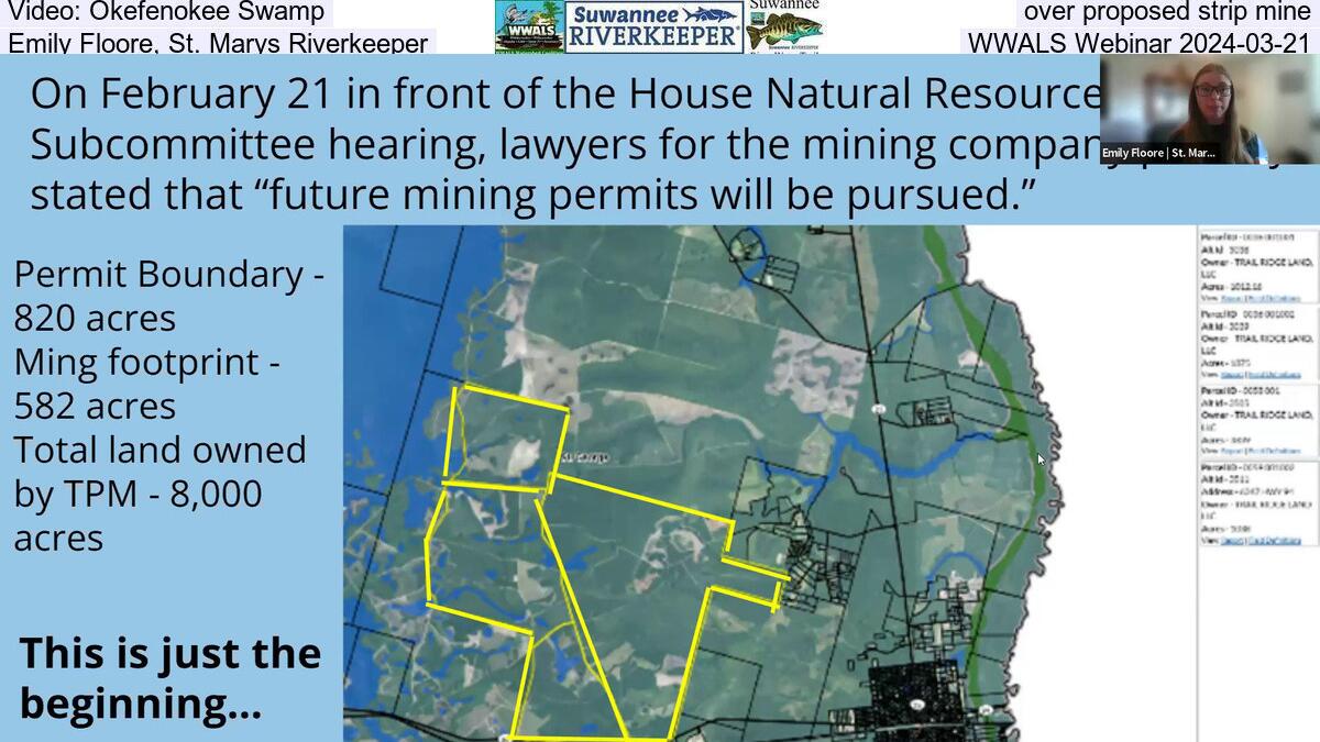 Video: Okefenokee Swamp, over proposed strip mine, Emily Floore, St. Marys Riverkeeper, WWALS Webinar 2024-03-21