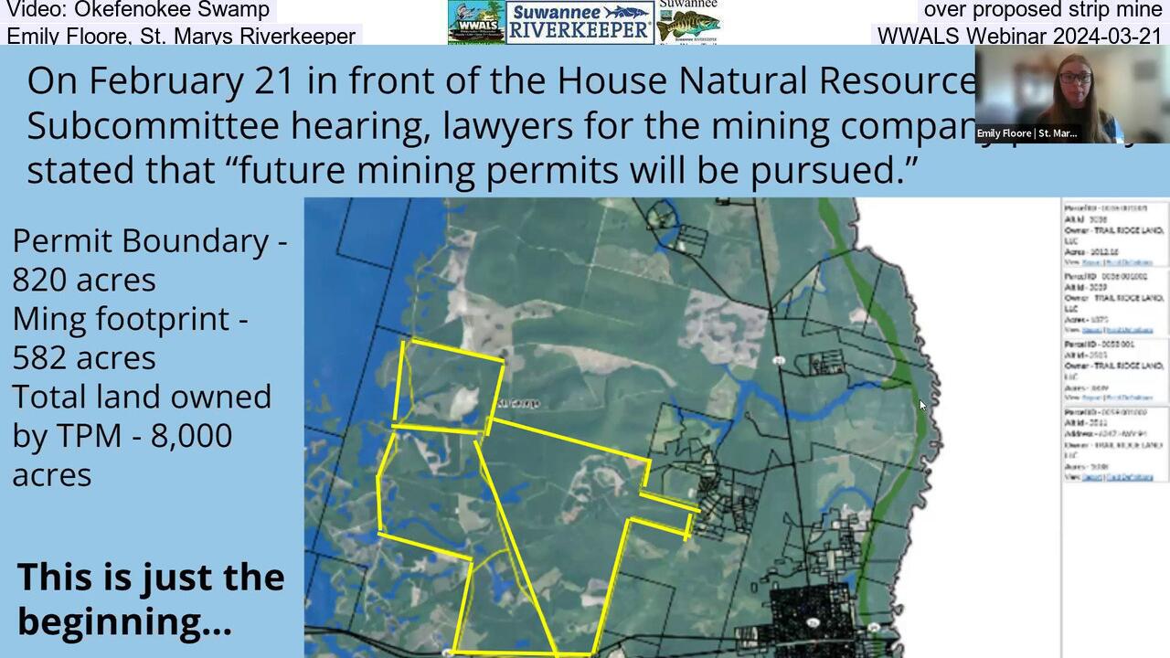 Video: Okefenokee Swamp, over proposed strip mine, Emily Floore, St. Marys Riverkeeper, WWALS Webinar 2024-03-21