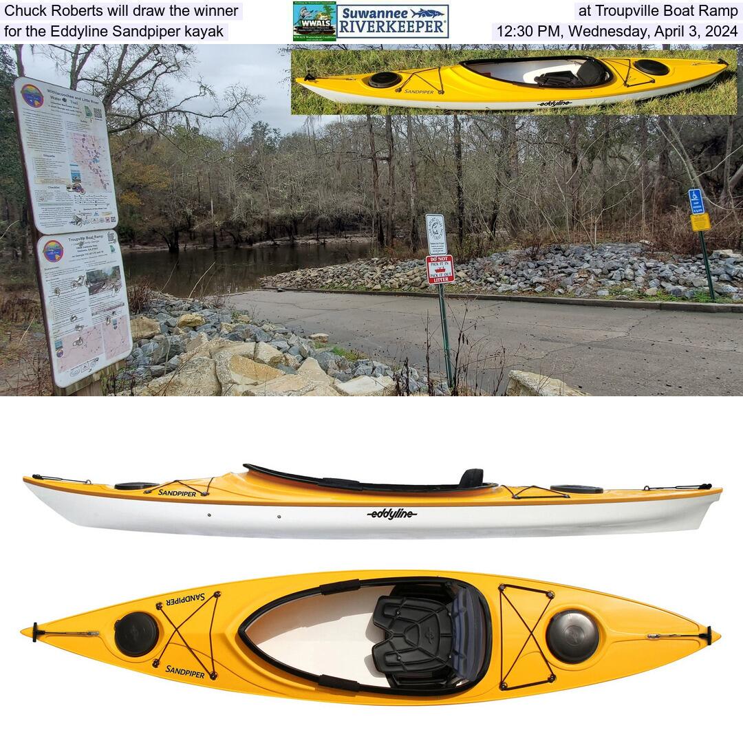 Chuck Roberts will draw the winner, at Troupville Boat Ramp, for the Eddyline Sandpiper kayak, 12:30 PM, Wednesday, April 3, 2024