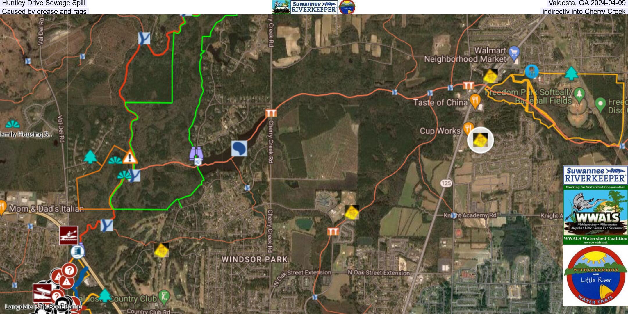 Huntley Drive Sewage Spill, Valdosta, GA 2024-04-09, Caused by grease and rags, indirectly into Cherry Creek