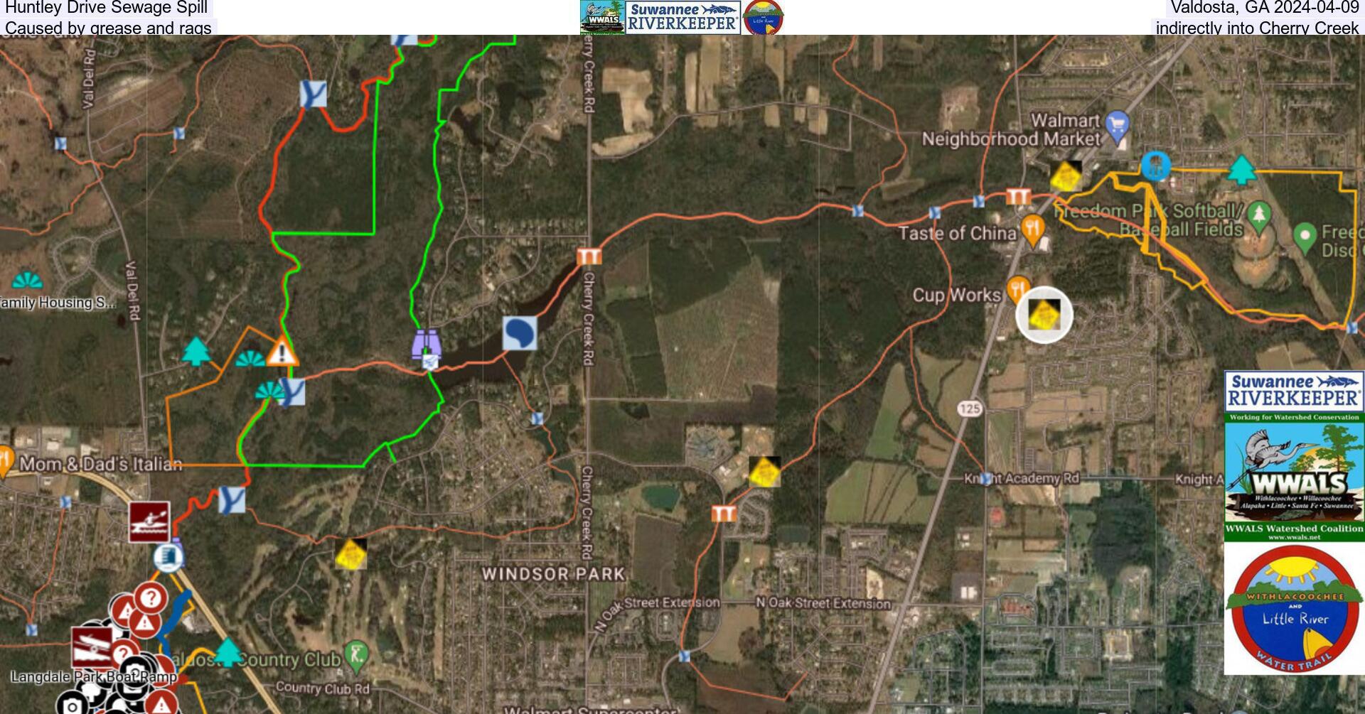 [Huntley Drive Sewage Spill, Valdosta, GA 2024-04-09, Caused by grease and rags, indirectly into Cherry Creek]