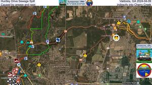 [Huntley Drive Sewage Spill, Valdosta, GA 2024-04-09, Caused by grease and rags, indirectly into Cherry Creek]