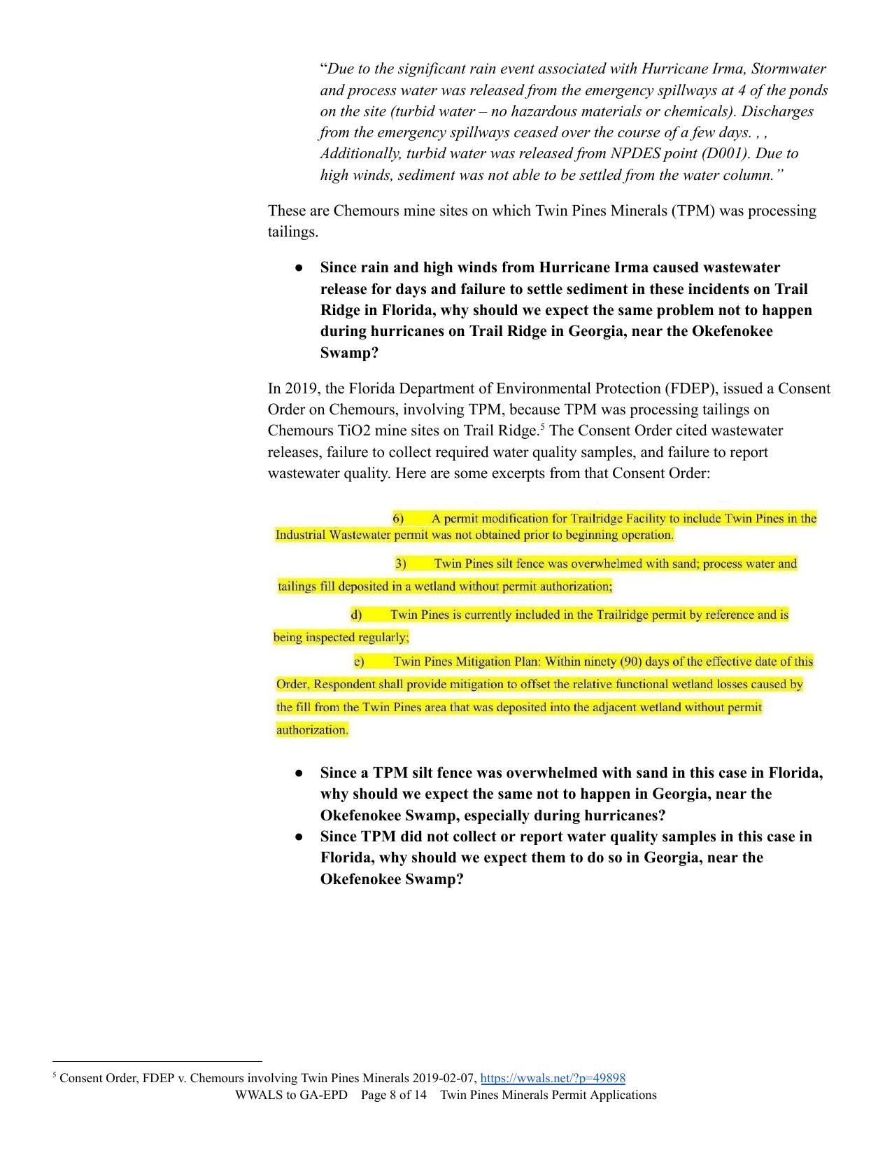 Since rain and high winds from Hurricane Irma caused wastewater release for days and failure to settle sediment in these incidents on Trail Ridge in Florida, why should we expect the same problem not to happen during hurricanes on Trail Ridge in Georgia, near the Okefenokee Swamp?