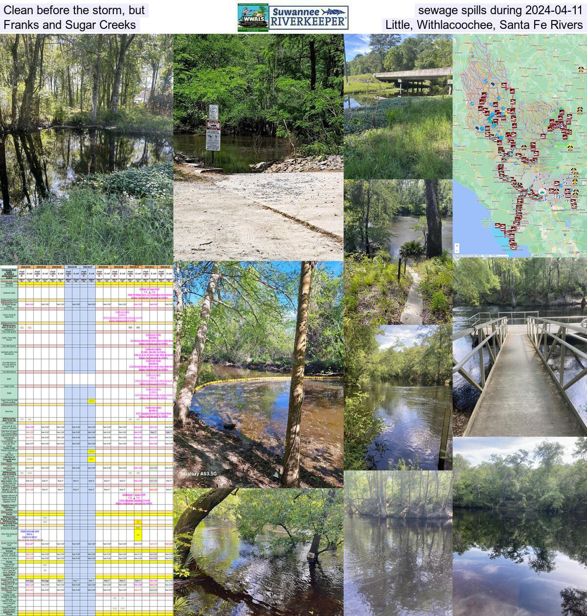 Clean before the storm, but sewage spills during 2024-04-11: Franks and Sugar Creeks, Little, Withlacoochee, Santa Fe Rivers